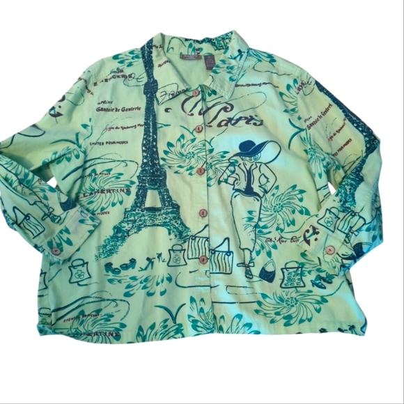 Vtg Jane Ashley Lime Green Paris Graphics Button Front Cotton Jacket Sz 2X - Picture 1 of 8